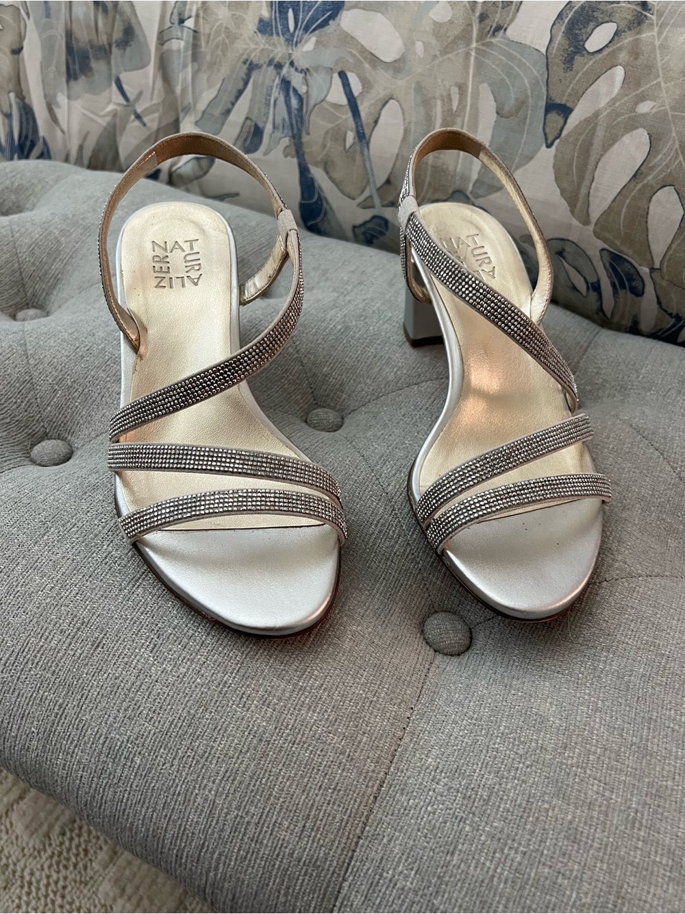 Naturalizer Metallic Silver Rhinestone Strap Block Heel Sandals